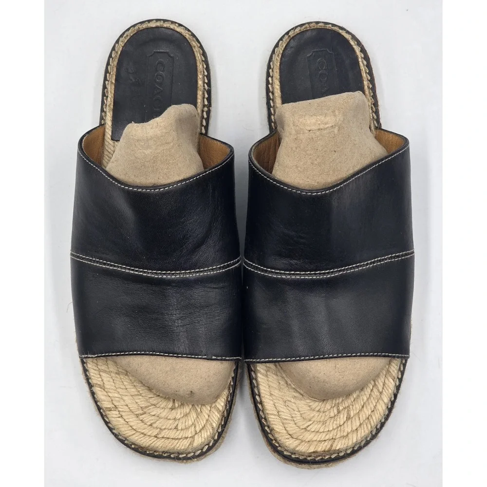 COACH Lola Espadrille Slide Sandals Black Leather Women's 8B J 237